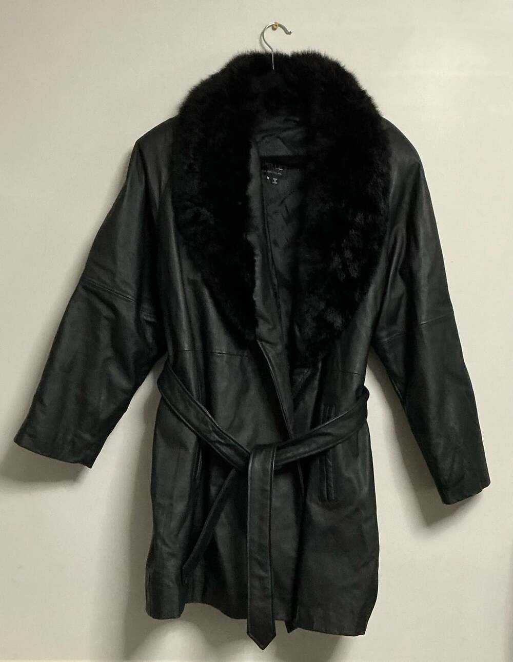Pelle New York-Milano Goth  Black Genuine Leather Trench Coat / Faux Fur Collar